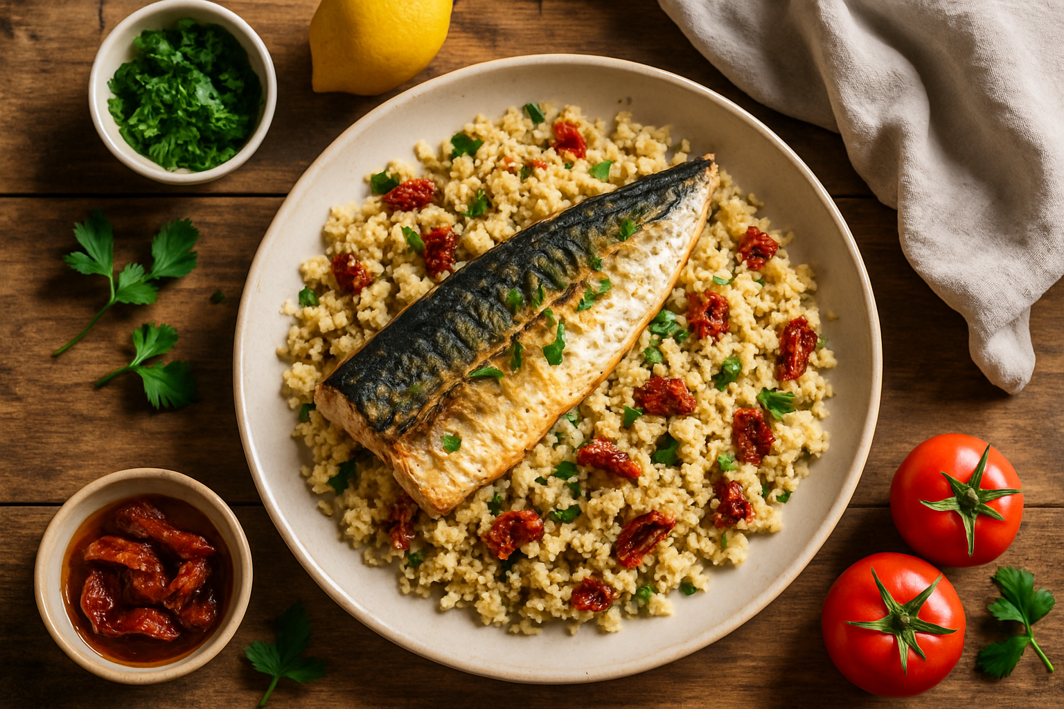 Caballa al horno con cuscús de coliflor y tomate seco Caballa al horno con cuscús de coliflor y tomate seco