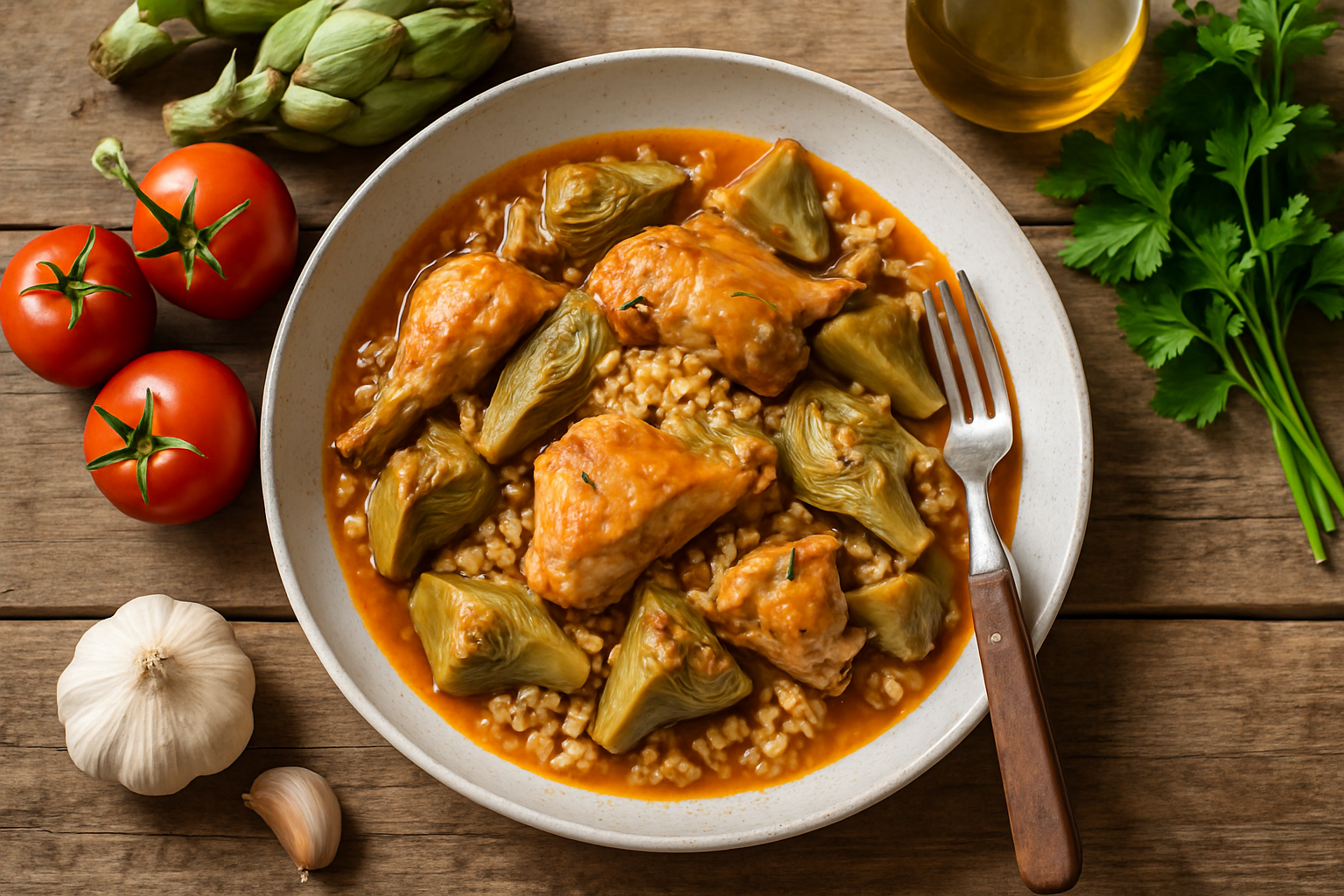 Guiso de conejo con alcachofas y arroz integral Guiso de conejo con alcachofas y arroz integral