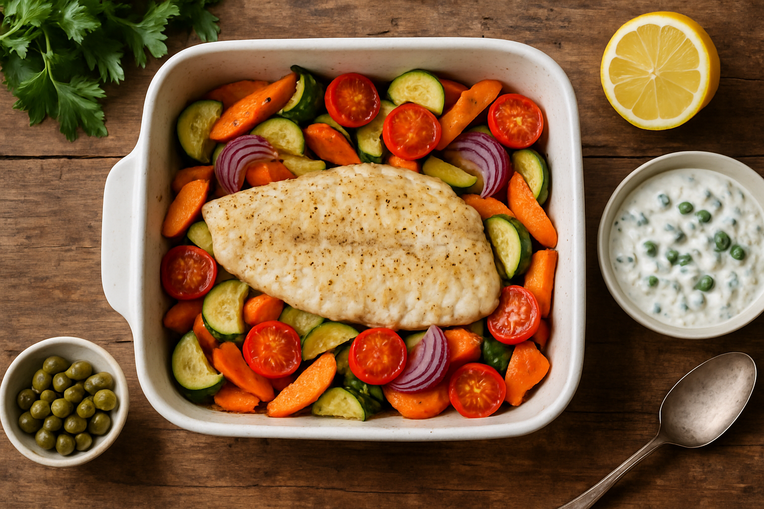 Merluza al horno con verduras y salsa de yogur a las alcaparras Merluza al horno con verduras y salsa de yogur a las alcaparras