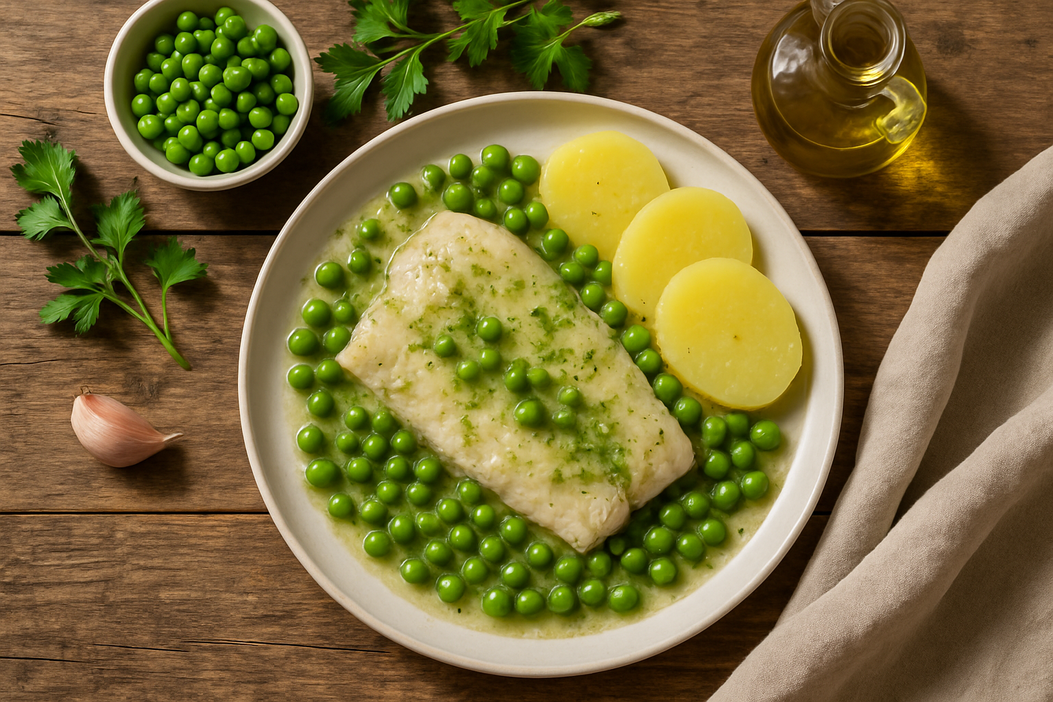 Merluza en salsa verde ligera con guisantes y patata cocida Merluza en salsa verde ligera con guisantes y patata cocida