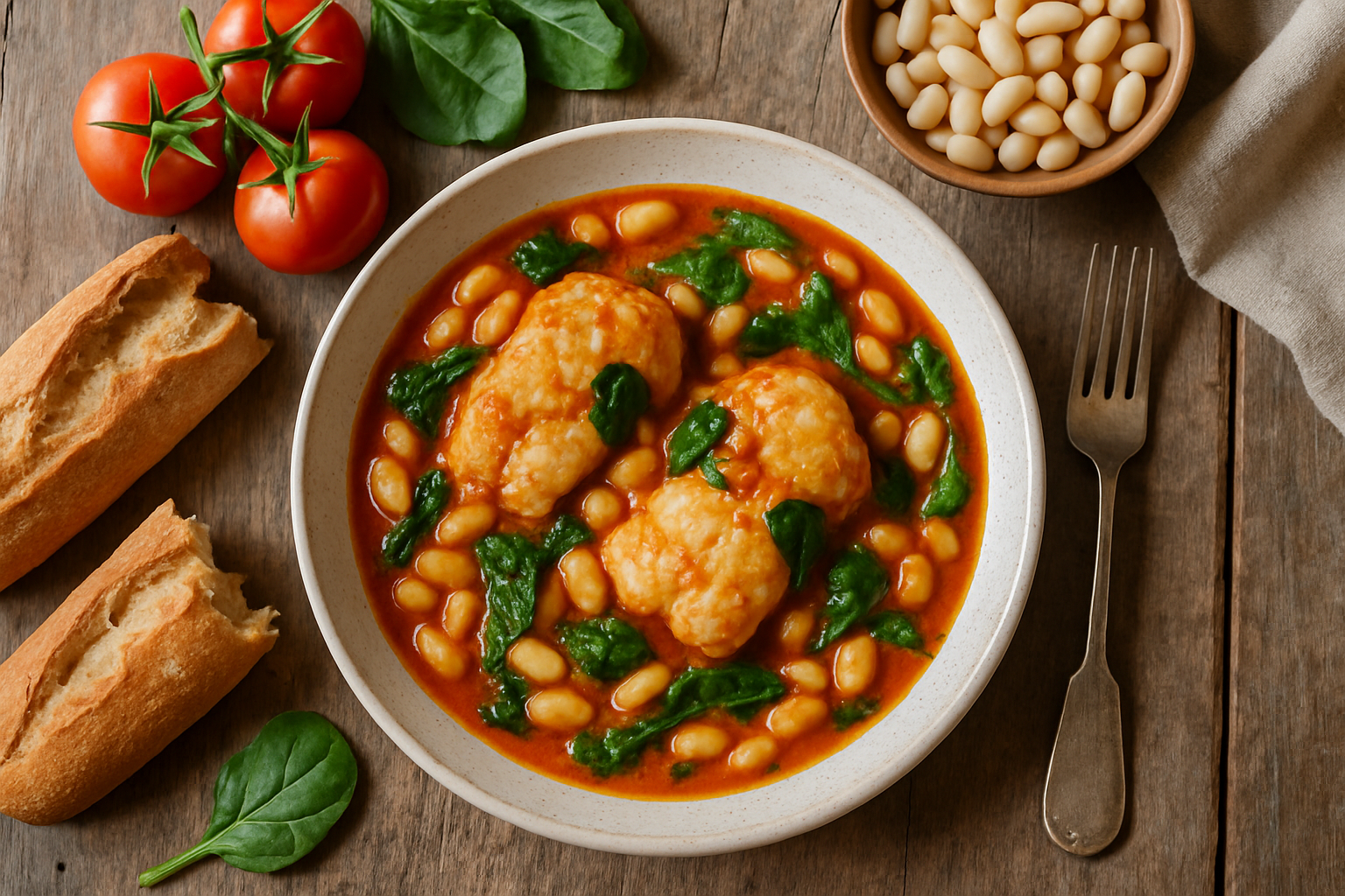 Rape en salsa de tomate con judías blancas y espinacas Rape en salsa de tomate con judías blancas y espinacas