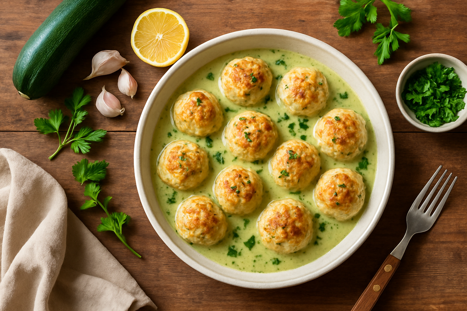 Albóndigas de merluza al horno con salsa de calabacín y limón Albóndigas de merluza al horno con salsa de calabacín y limón