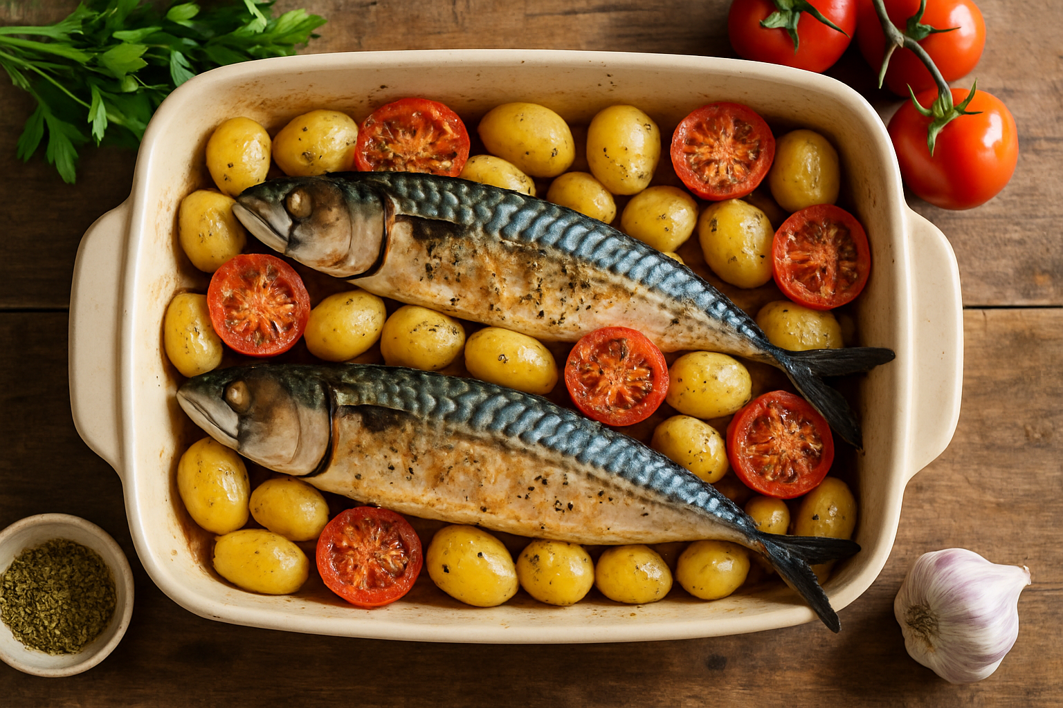 Caballa al horno con patatas baby y tomate al orégano Caballa al horno con patatas baby y tomate al orégano