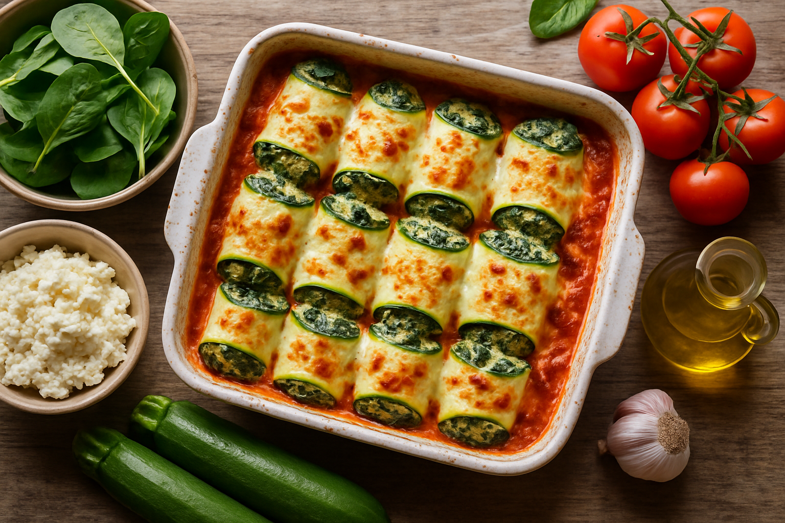 Canelones de calabacín con requesón y espinacas al horno Canelones de calabacín con requesón y espinacas al horno