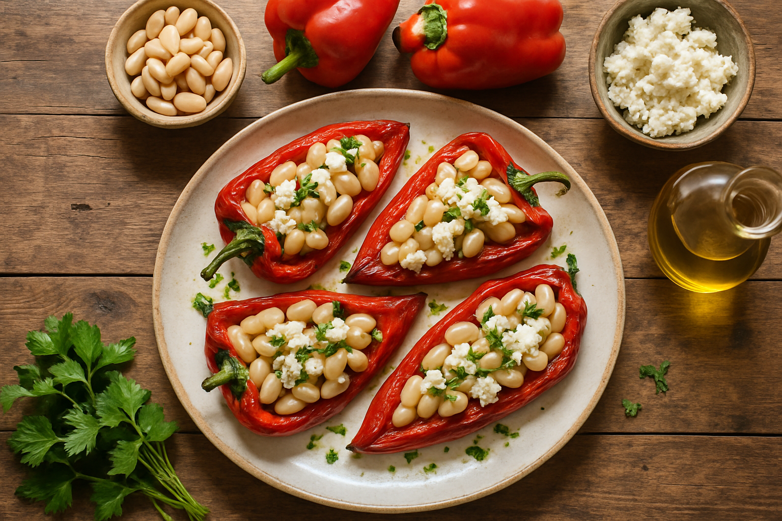 Pimientos asados rellenos de alubias blancas y queso fresco Pimientos asados rellenos de alubias blancas y queso fresco