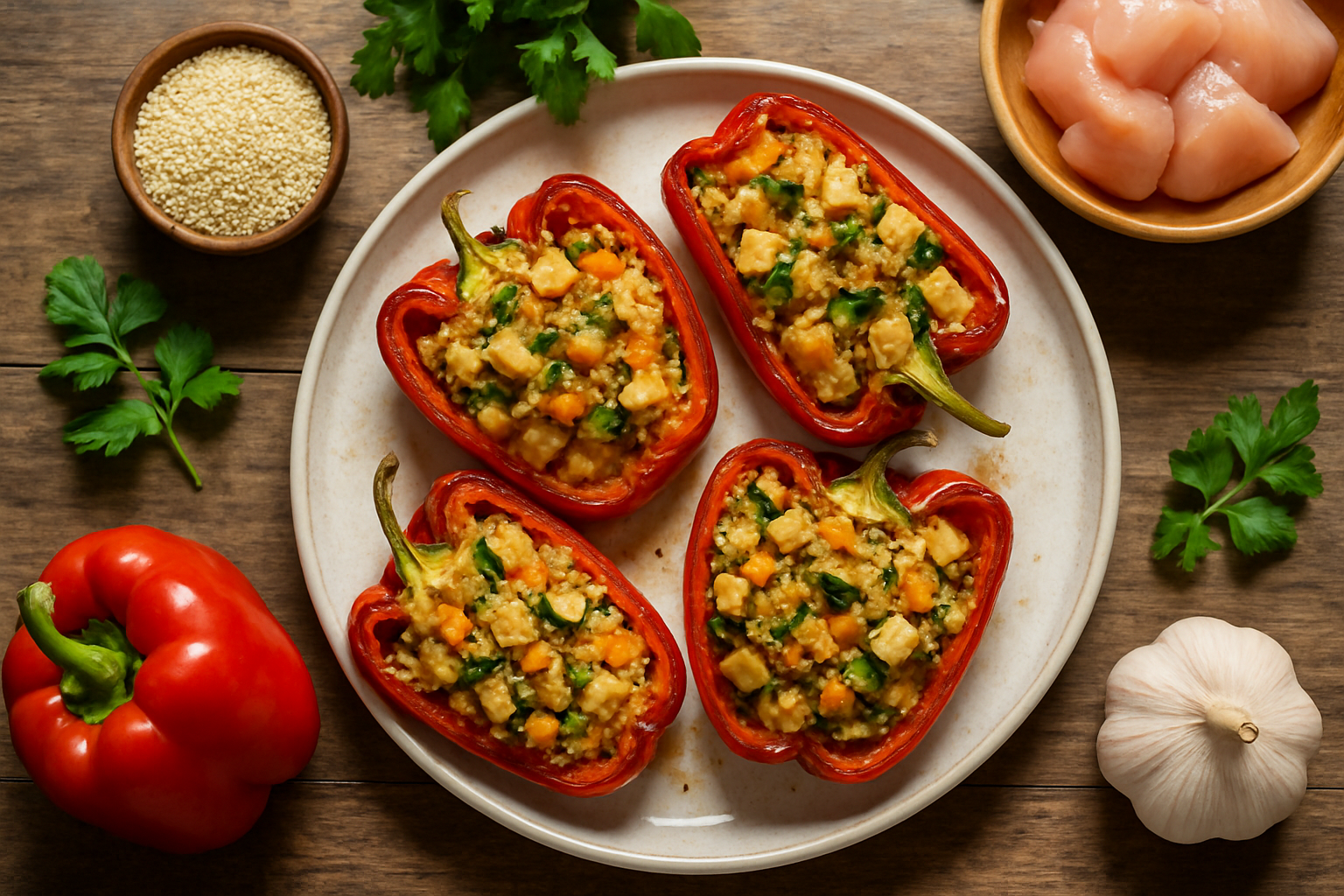 Pimientos rellenos de quinoa, pollo y verduras al horno Pimientos rellenos de quinoa, pollo y verduras al horno