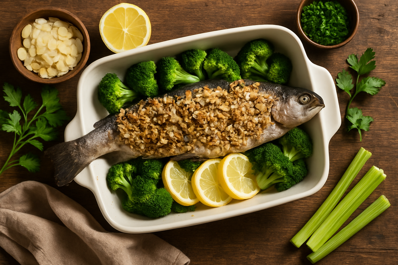 Trucha al horno con costra de avena y almendras Trucha al horno con costra de avena y almendras
